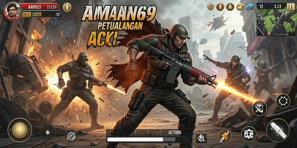 Antarmuka dinamis dan seru dalam AMAN69 saat bertarung.
