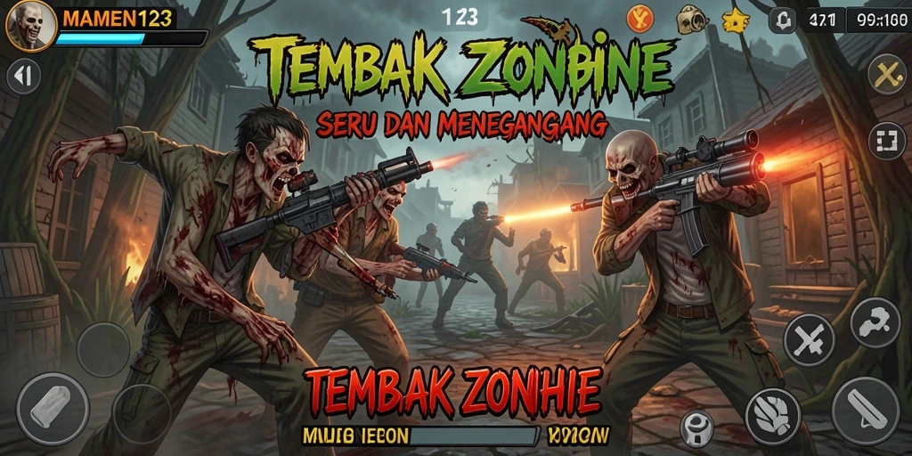 Tampilan antarmuka MAMEN123 dengan aksi tembak zombie yang intens.