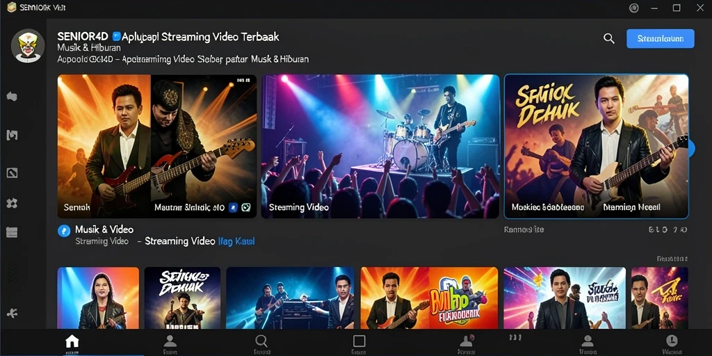 Antarmuka aplikasi SENIOR4D untuk streaming video musik.